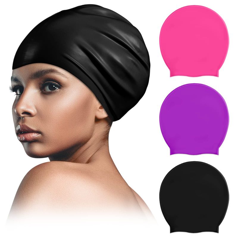 Photo 1 of 3 Piece Swimming Cap for Women Silicone Large Swim Cap Waterproof Bathing Caps for Long Hair Women Men Adults Youths Kids Thick Curly Hair Dreadlocks Weaves Braids, 3 Colors - 2 Pack
