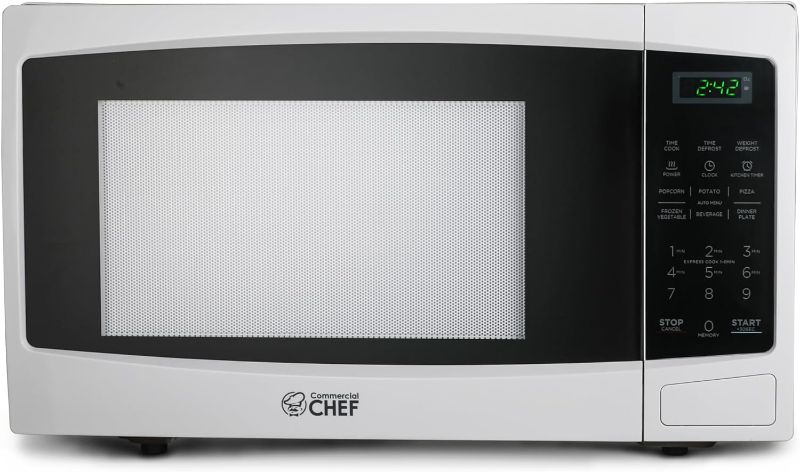 Photo 1 of COMMERCIAL CHEF 1.1 Cu Ft Microwave with 10 Power Levels, Microwave 1000W with Push Button Door Lock, Countertop Microwave with Microwave Turntable and Digital Controls, White
