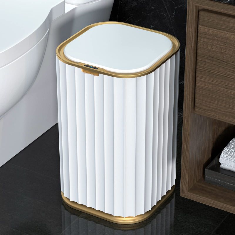 Photo 1 of 3.5 Gallon Automatic Trash Can,Waterproof Slim Touchless Bathroom Garbage Can with a Lid(White with Gold Trim)