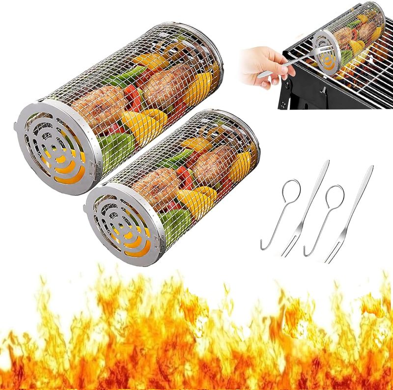 Photo 1 of 2PCS Rolling Grilling Basket - Rolling Grilling Baskets for Outdoor Grill, Stainless Steel Wire Mesh Cylinder Grill Basket, BBQ Accessories, Camping Barbecue Rack for Vegetables, Fish
