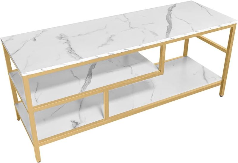 Photo 1 of AT-VALY 3-Tier Stand for TV Media Console Table with Open Shelving Storage for Living Room Bedroom (Gold Frame with White Faux Marble top PB Board)
