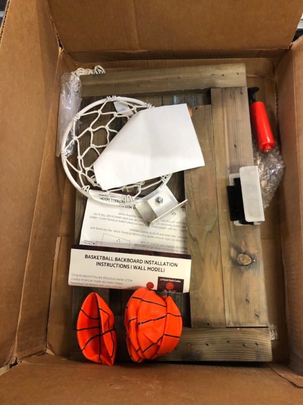 Photo 2 of Cali Kiwi Pros Indoor Basketball 4 Panel Wood Backboard, Wall or Door Mount. Includes 9” Hoop, Net 5 Mini Basketballs & Hand Pump. Natural