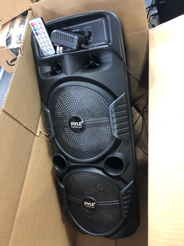 Photo 2 of Pyle Portable Bluetooth PA Speaker System - 600W Rechargeable Outdoor Bluetooth Speaker Portable PA System w/ Dual 8” Subwoofer 1” Tweeter, Microphone In, Party Lights, USB, Radio, Remote - PPHP2835B
