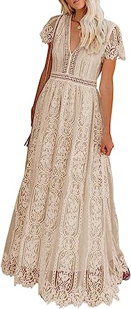 Photo 1 of MEROKEETY Women's V Neck Short Sleeve Floral Lace Wedding Dress Bridesmaid Cocktail Party Maxi Dress - Size XL
