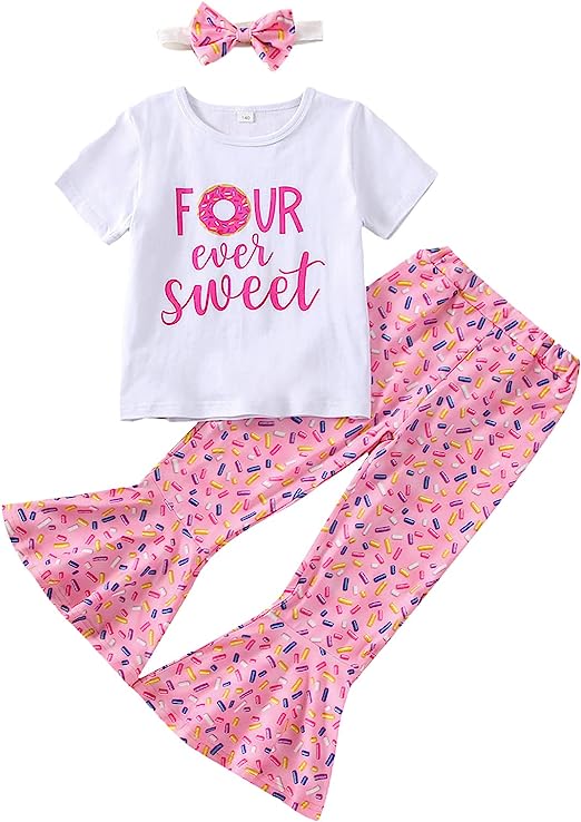 Photo 1 of Eadrioss 3Pcs Toddler Baby Girls Birthday Outfit – 3rd Birthday Short Sleeve Sweet Print Tops Donut Bell Bottom Headband 1-5T
