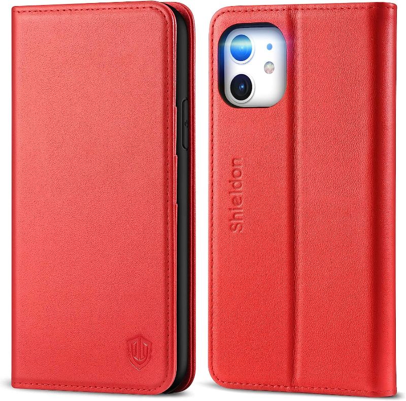 Photo 1 of SHIELDON iPhone 11 Case, Genuine Leather iPhone 11 Wallet Case RFID Blocking Card Holder Folio Magnetic Stand TPU Shockproof Protective Cover Compatible with iPhone 11 (6.1 Inch 2019) - Red