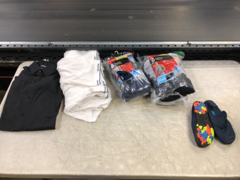 Photo 1 of 20 PC CLOTHING BAG LOT - 6 TAGLESS TANKS , 6 BOXERS, DRESS SHIRT, SWIM SHOES