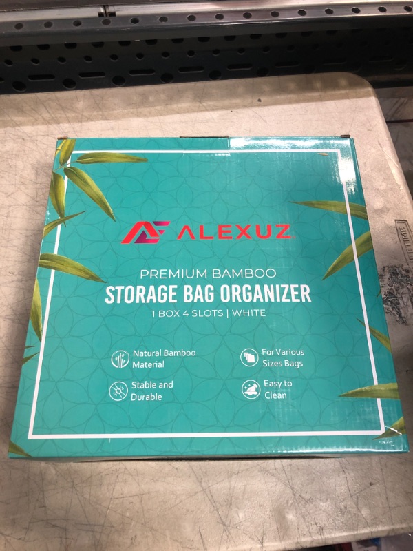 Photo 1 of ALEXUZ Bamboo Food Storage Bag Organizer for Kitchen Drawer, Baggie Organizer Dispenser Compatible with Ziploc, Solimo, Glad, Hefty for Gallon, Quart, Sandwich & Snack Variety Size Bags (White)
