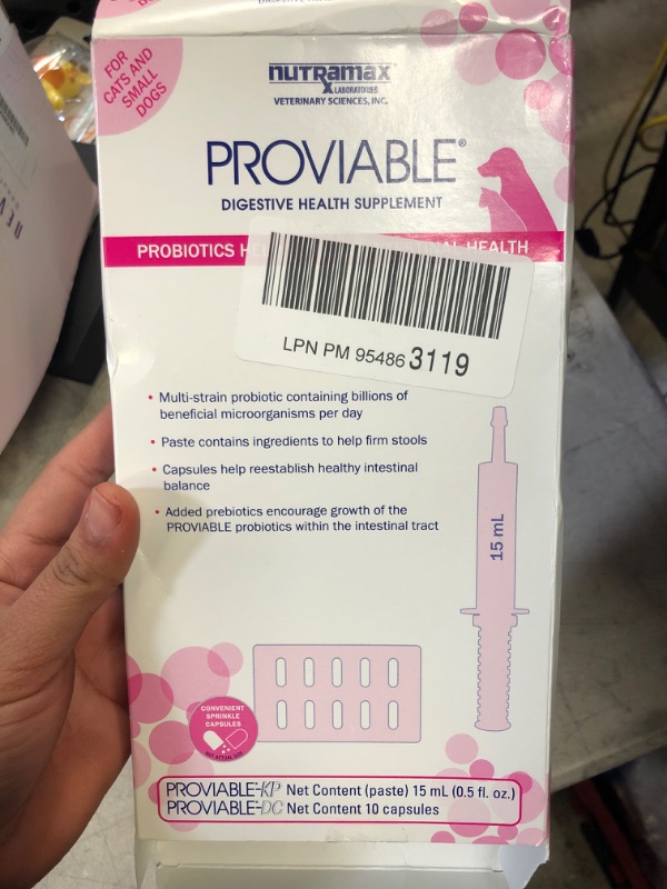 Photo 2 of Nutramax Proviable Digestive Health Supplement Kit with Multi-Strain Probiotics and Prebiotics for Cats and Small Dogs, With 7-Strains of Bacteria, 15 mL Paste and 10 Capsules Small Dog/Cat (Under 20 lbs) EXP:09/2023