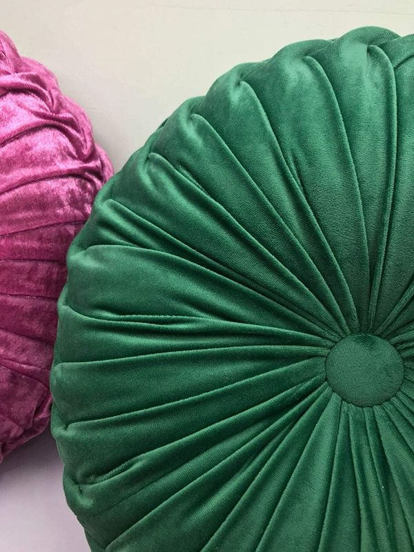 Photo 2 of  Teieas Round Throw Pillow Velvet Home Decoration Pleated Cushion for Couch Chair Bed Car Emerald Green