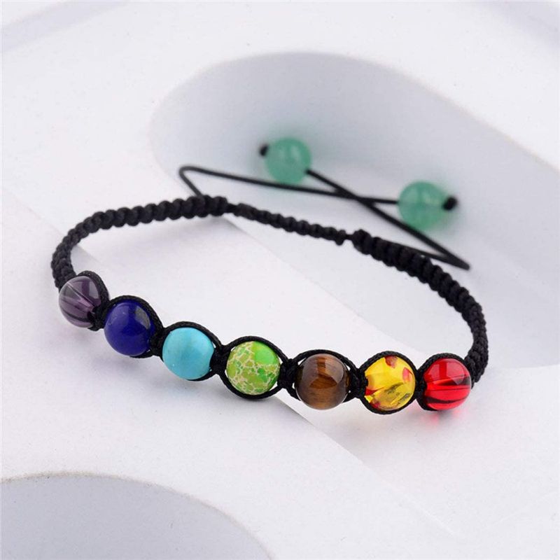 Photo 3 of Aluinn Boho Chakras Bracelet Elastic Beads Rainbow Hand Catenary Yoga Natural Stone for Women Teen Girls and Men