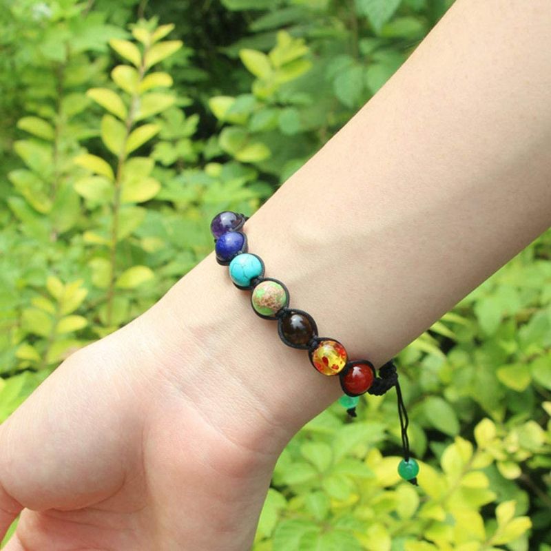 Photo 2 of Aluinn Boho Chakras Bracelet Elastic Beads Rainbow Hand Catenary Yoga Natural Stone for Women Teen Girls and Men