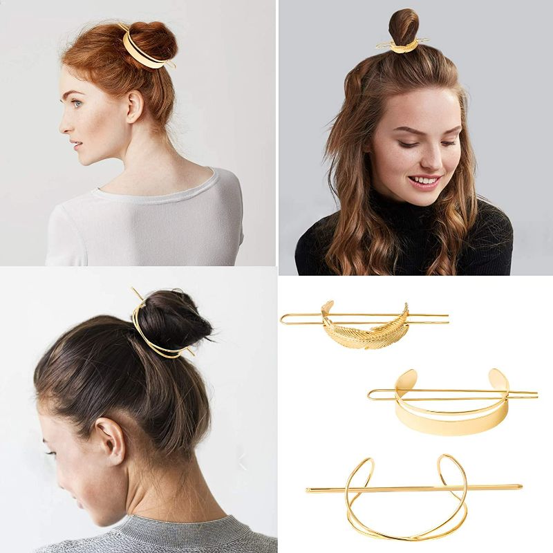 Photo 2 of PANTIDE 4Pcs Hair Cuff Bun Cage Kit- Feather/Semicircle/X-Shaped High Polished Alloy Hair Accessories for Women, Vintage Hair Slide Pin with Stick, Simple Minimalist Metal Geometric Hair Clip(Gold)