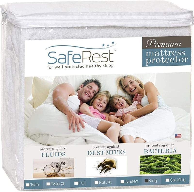 Photo 1 of SafeRest King Mattress Protector - Fitted Mattress Pad Cover - Bedding Essentials for College Dorm Room, New Home, First Apartment - Cotton Terry, Waterproof Mattress Cover Protector
