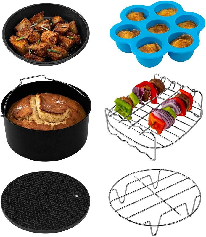 Photo 1 of COSORI Air Fryer Accessories, Set of 6 Fit for Most 3.7Qt and Larger Oven Cake & Pizza Pan, Metal Holder, Skewer Rack & Skewers, etc, BPA Free, Nonstick Coating, Dishwasher Safe, small
