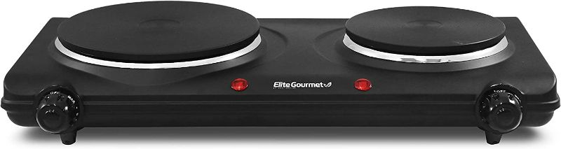 Photo 1 of Elite Gourmet EDB-302BF Countertop Double Cast Iron Burner, 1500 Watts Electric Hot Plate, Temperature Controls, Power Indicator Lights, Easy to Clean, Black
