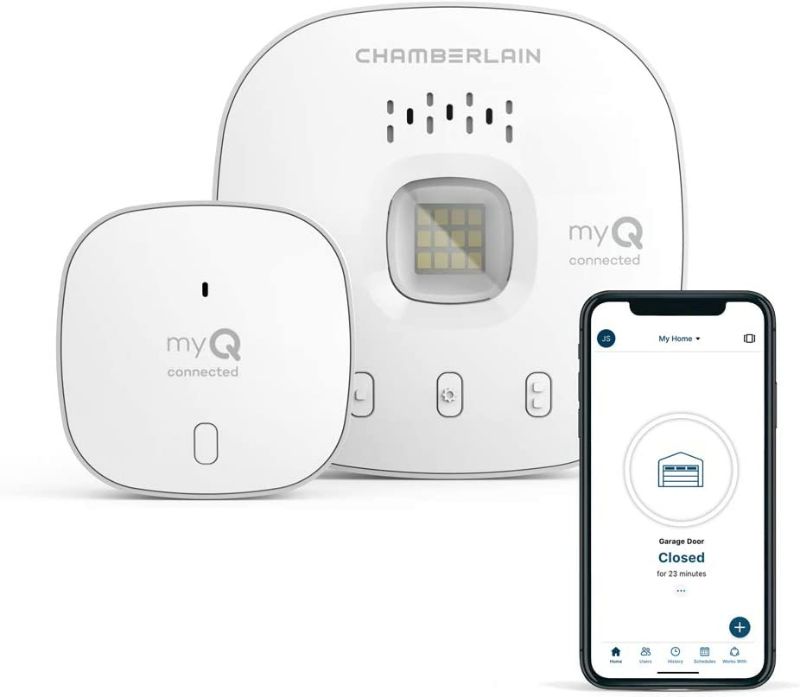 Photo 1 of myQ Chamberlain Smart Garage Control - Wireless Garage Hub and Sensor with Wifi & Bluetooth - Smartphone Controlled, myQ-G0401-ES, White
