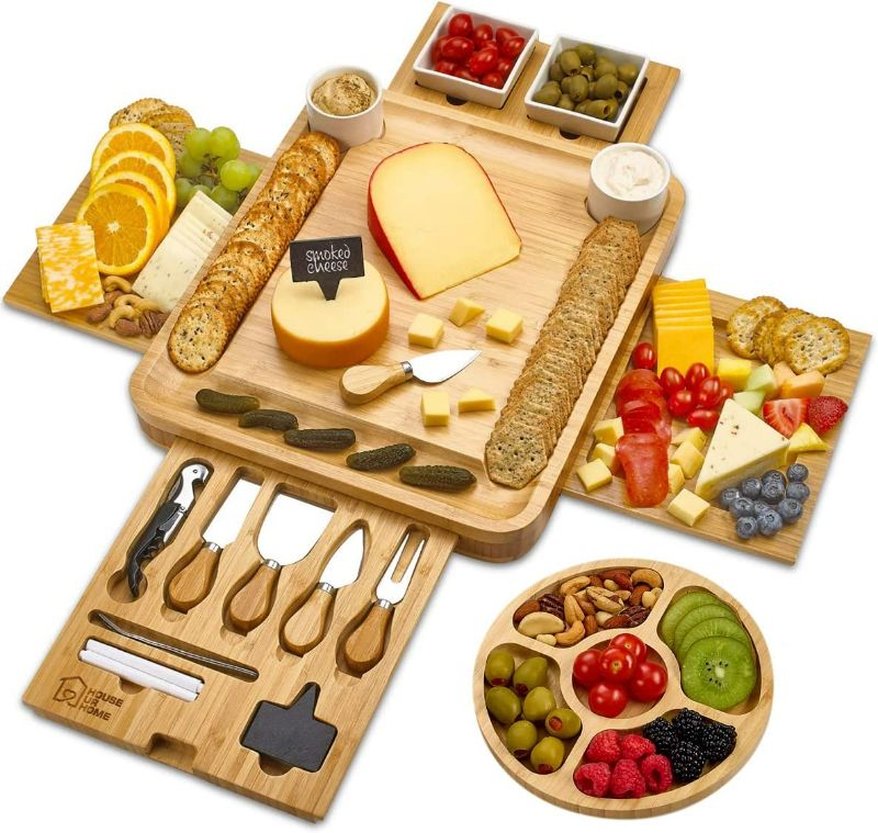 Photo 1 of Cheese Board - 2 Ceramic Bowls 2 Serving Plates. Magnetic 4 Drawers Bamboo Charcuterie Cutlery Knife Set, Round Tray, 2 Forks, Wine Opener, Labels, Markers, Gift for Birthdays, Weddings, Housewarming
