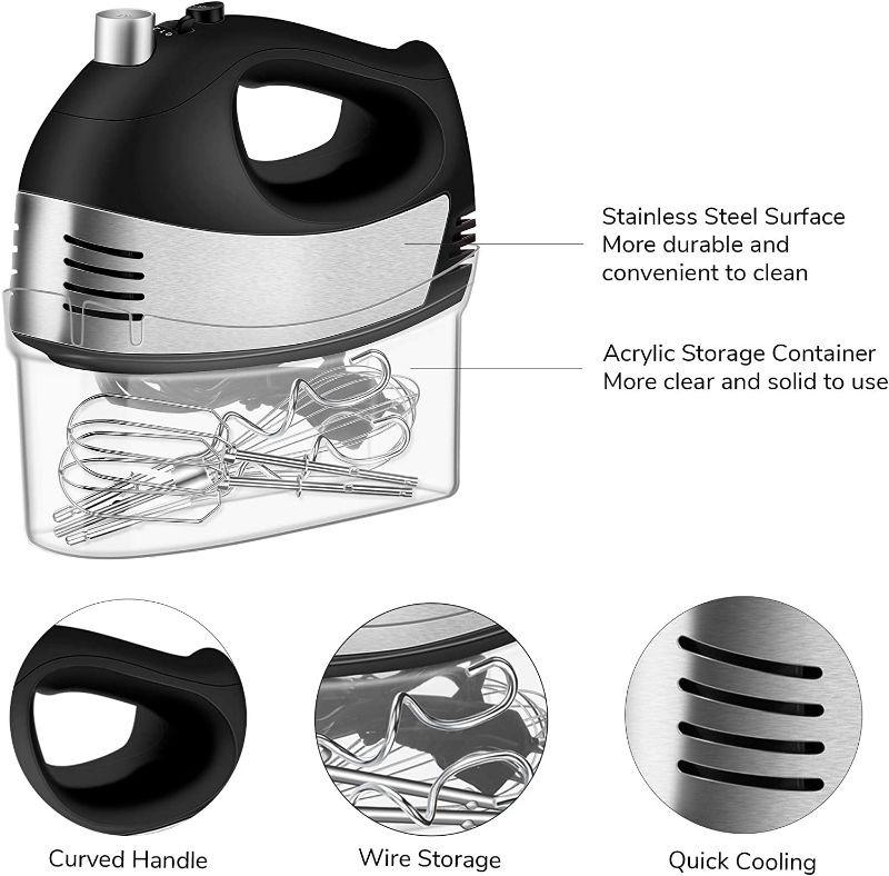 Photo 5 of Hand Mixer Electric, Cusinaid 5-Speed Hand Mixer with Turbo Handheld Kitchen Mixer Includes Beaters, Dough Hooks and Storage Case (Black)
