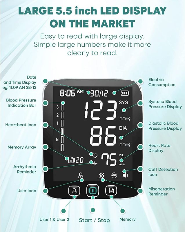 Photo 4 of LAZLE Blood Pressure Monitor - Automatic Upper Arm Machine & Accurate Adjustable Digital BP Cuff Kit - Largest Backlit Display - 200 Sets Memory, Includes Batteries, Carrying Case
