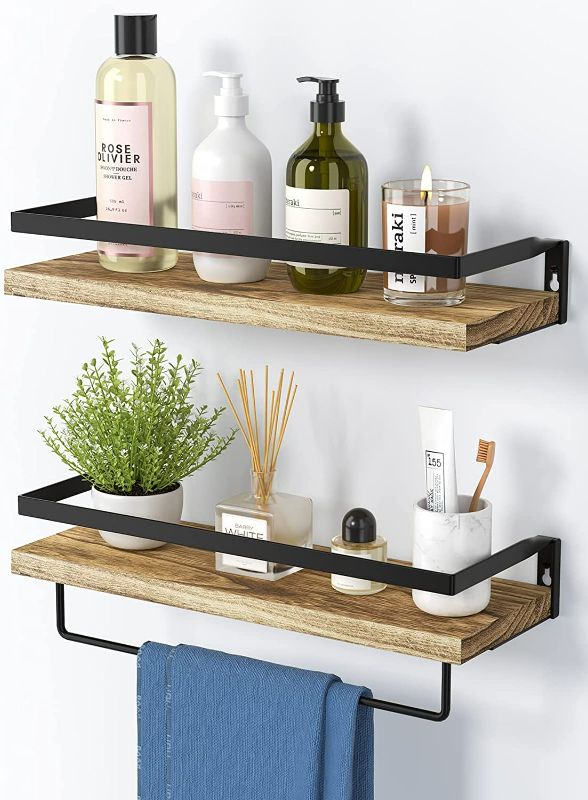 Photo 1 of homemaxs wooden Floating Shelves, Bathroom Shelf with Towel Bar, Wall Shelves for Bathroom/Living Room/Kitchen/Bedroom, Light Brown Shelves Set of 2 