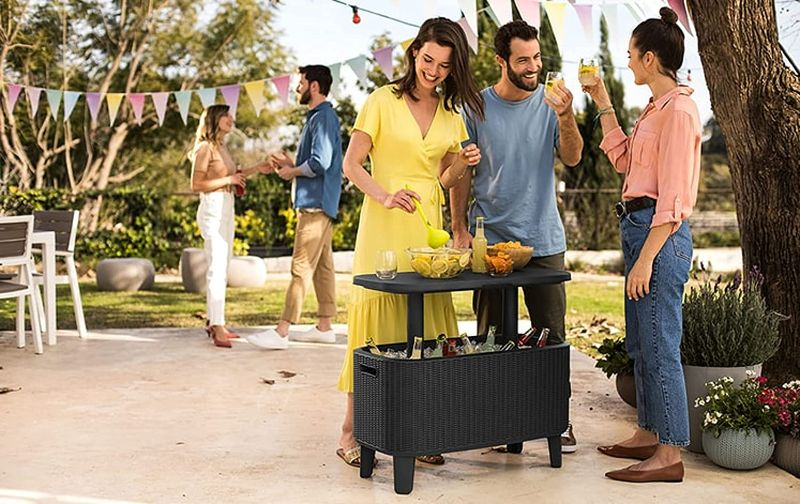 Photo 4 of KETER Breeze Bar Outdoor Patio Furniture and Hot Tub Side Table with 14.8 Gallon Beer and Wine Cooler, Dark Grey & Teal
