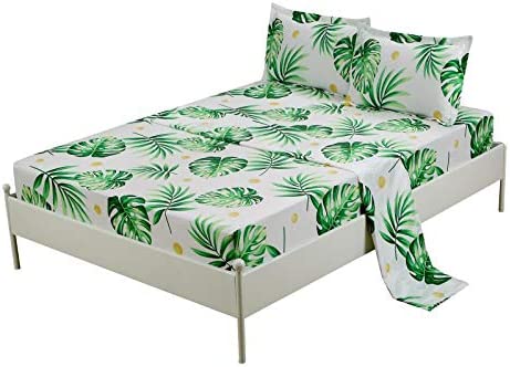 Photo 1 of SEE PHOTO ITS A LITTLE DIFFERENT  4 Pcs Bamboo Sheets Leaf Sheets Tree Print Full Size Sheet Set White Based, Super Soft Microfiber, for Leaf and Green Plants Lovers, Full Size
