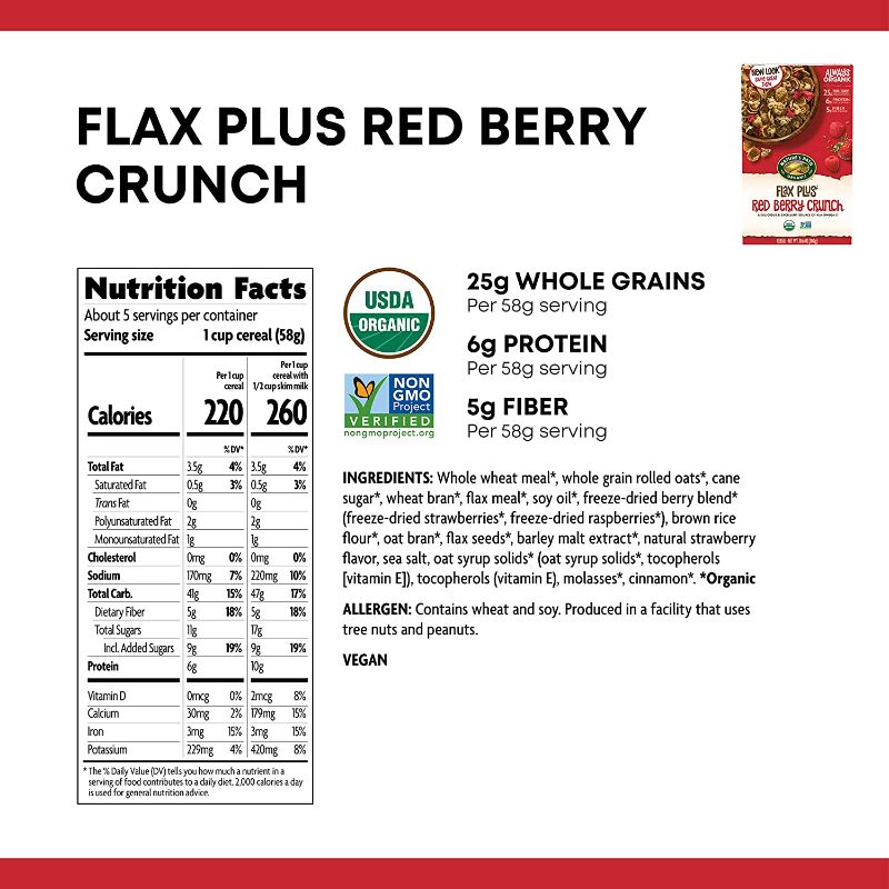 Photo 4 of Nature's Path Organic Flax Plus Red Berry Crunch Cereal, 10.6 Ounce (Pack of 6), Non-GMO, 25g Whole Grains, with Omega-3 Rich Flax Seeds
