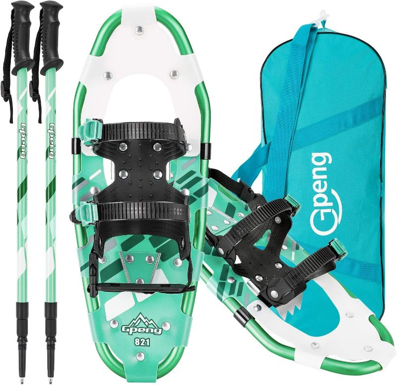 Photo 1 of Gpeng Snowshoes for Men Women Youth Kids, Lightweight Aluminum Alloy All Terrain Snow Shoes with Adjustable Ratchet Bindings with Carrying Tote Bag ,30-70 POUNDS 
