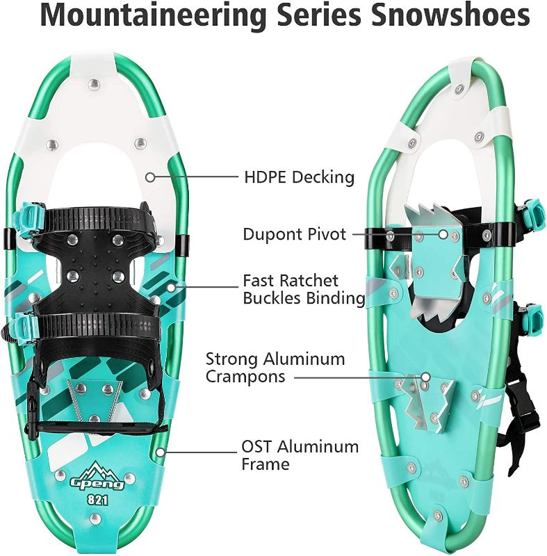 Photo 4 of Gpeng Snowshoes for Men Women Youth Kids, Lightweight Aluminum Alloy All Terrain Snow Shoes with Adjustable Ratchet Bindings with Carrying Tote Bag ,30-70 POUNDS 
