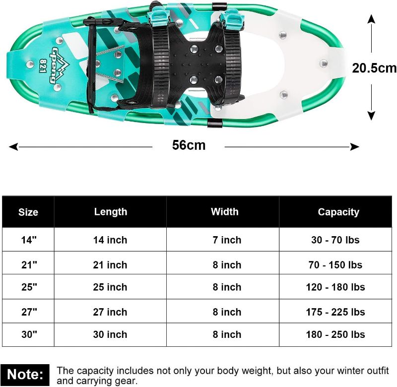 Photo 6 of Gpeng Snowshoes for Men Women Youth Kids, Lightweight Aluminum Alloy All Terrain Snow Shoes with Adjustable Ratchet Bindings with Carrying Tote Bag ,30-70 POUNDS 
