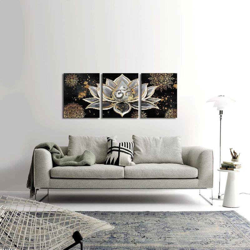 Photo 2 of Derkymo 3 Pieces Zen Dan Lotus Canvas Wall Art Flower Pictures Yoga Room Decoration Stretched and Framed Ready to Hang (Black, 16"x20"x3pcs)
