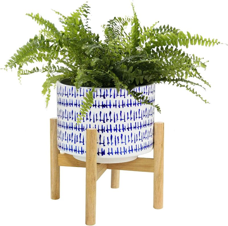 Photo 1 of LA JOLIE MUSE Blue Planter with Stand - 7.3 Inch Retro Round Decorative Flower Pot Indoor with Wood Planter Holder, Blue and White, Home Decor Gift

