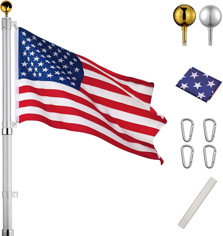 Photo 1 of Yeshom 20ft Telescopic Aluminum Flag Pole Free 3'x5' US Flag & Ball Top Kit 16 Gauge Telescoping Flagpole Fly 2 Flags for Yard Outdoor Garden
