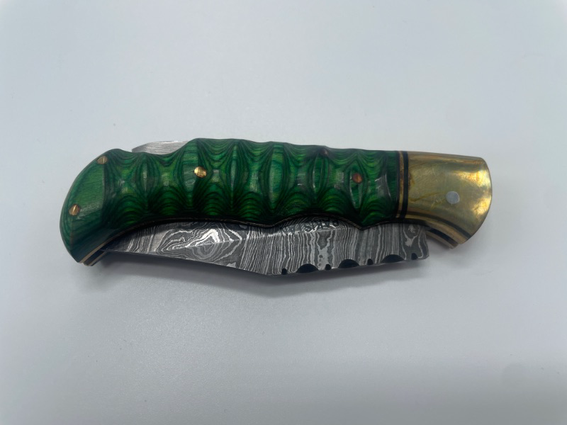 Photo 2 of FK-4 GREEN GROOVED FOLDER DAMASCUS BLADE 