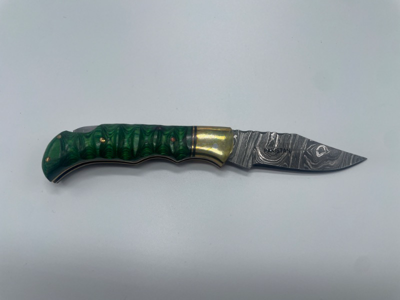 Photo 1 of FK-4 GREEN GROOVED FOLDER DAMASCUS BLADE 