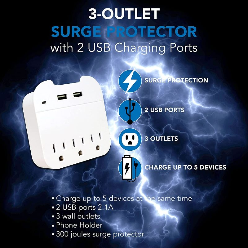 Photo 3 of Gabba Goods 3 Outlet Surge Protector with 2 USB Charging Ports, Dual USB Port 3 Wall Outlets Compatible with iPhone 13 12 11 Pro Max SE/XR/X iPad, Power Adapter for iPhone 13/12 13 Pro Max 13 Mini
