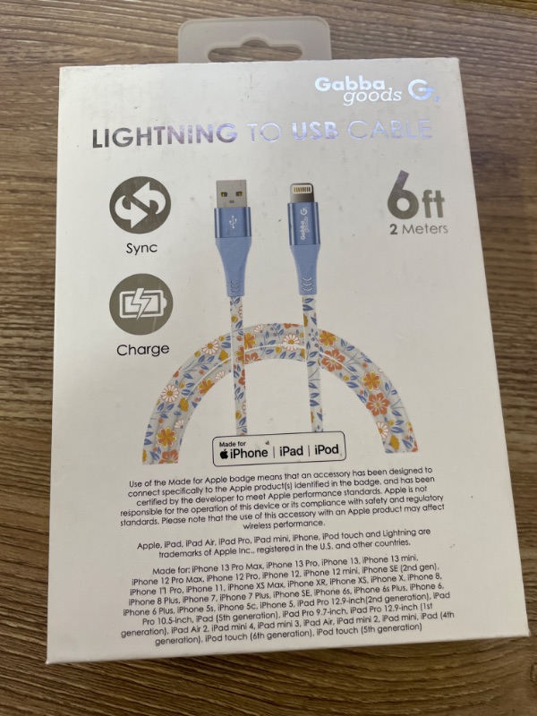 Photo 3 of Gabba Goods 6FT Lightning Sync & Charge Cable- Orange Floral MFi Certified USB Charging Cable High Speed Data Sync Transfer Cord Compatible with iPhone 13/12/11 Pro Max/XS MAX/XR/XS/X/8/7/Plus/6S
