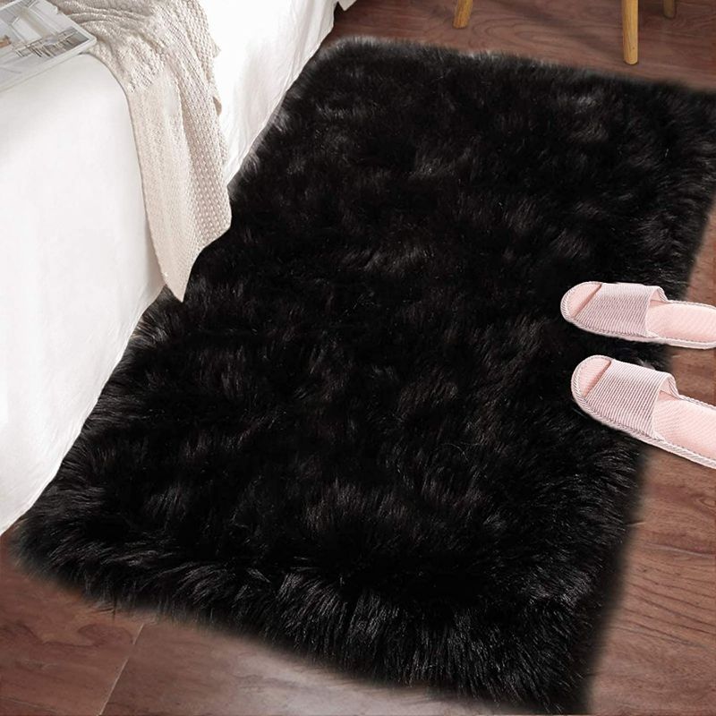 Photo 1 of LOCHAS Soft Fluffy Faux Fur Rugs for Bedroom Bedside Rug 2x3, Washable Furry Area Rug Carpet for Living Room Dorm Floor, Durable Faux Throw Carpets, Black
