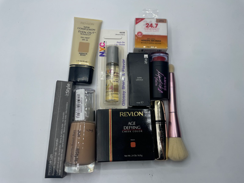 Photo 1 of Miscellaneous variety brand name cosmetics including (Maybelline, Amuse, Revlon, It style, NYC, 24.7 minerals & discontinued makeup products)