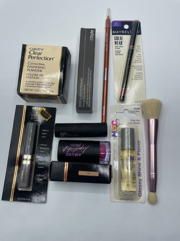 Photo 1 of Miscellaneous variety brand name cosmetics including (Maybelline, Revlon, It style, NYC, Amuse& discontinued makeup products)