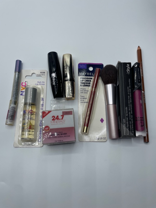 Photo 1 of Miscellaneous variety brand name cosmetics including (Maybelline, It style, NYC, 24.7 minerals & discontinued makeup products)