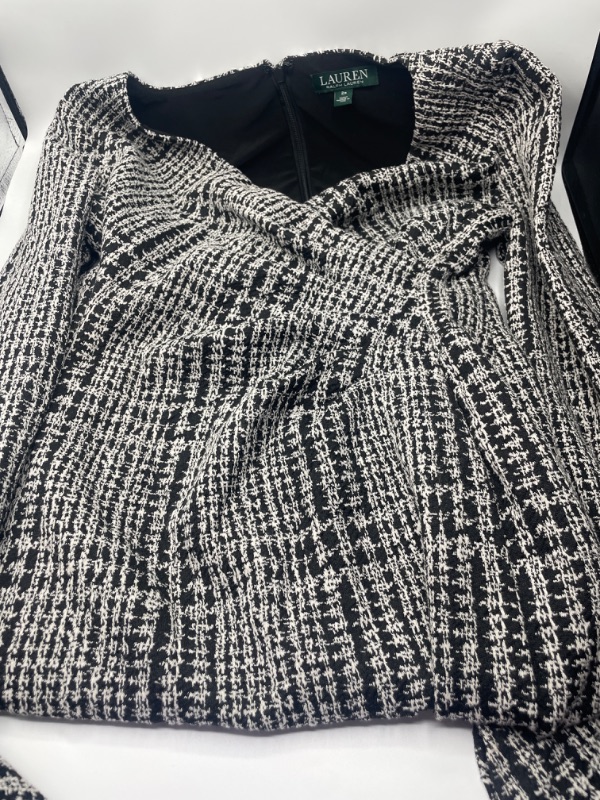 Photo 2 of LAUREN RALPH LAUREN Womens Petites Plaid Ruched Wear to Work Dress B/W 2P Black/White