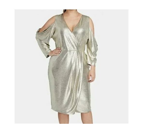 Photo 1 of Rachel Rachel Roy Dresses | Rachel Rachel Roy Cold-Shoulder Metallic Wrap dress Color: Gold | Size: 2X
