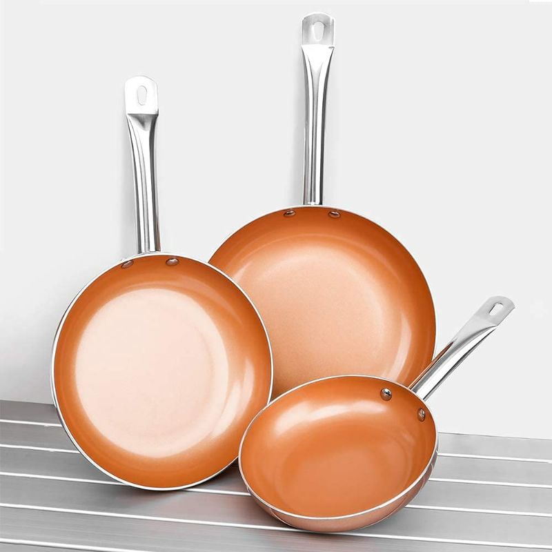 Photo 5 of SHINEURI 6 Pieces Nonstick Copper Pans with Lid Copper Frying Pans Copper Nonstick Frying Pans Copper Pans with Lid Copper Skillets with Lid Ceramic Fry Pan Copper Pans for Cooking - 8/9.5/11 inch
