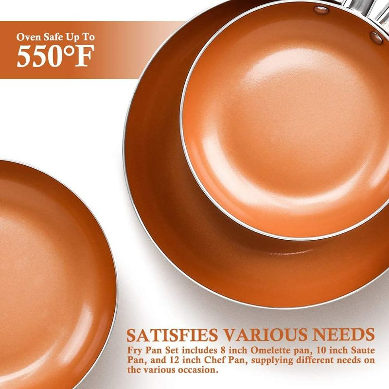 Photo 2 of SHINEURI 6 Pieces Nonstick Copper Pans with Lid Copper Frying Pans Copper Nonstick Frying Pans Copper Pans with Lid Copper Skillets with Lid Ceramic Fry Pan Copper Pans for Cooking - 8/9.5/11 inch