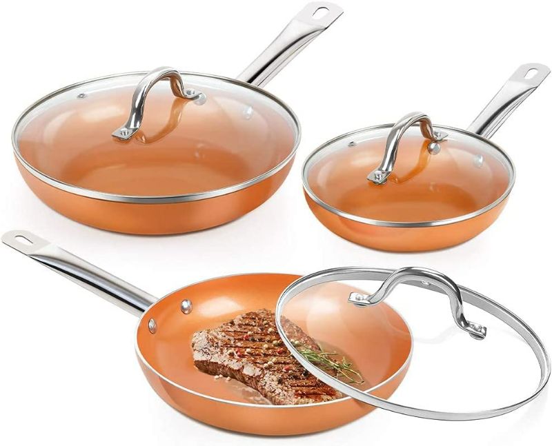 Photo 1 of SHINEURI 6 Pieces Nonstick Copper Pans with Lid Copper Frying Pans Copper Nonstick Frying Pans Copper Pans with Lid Copper Skillets with Lid Ceramic Fry Pan Copper Pans for Cooking - 8/9.5/11 inch