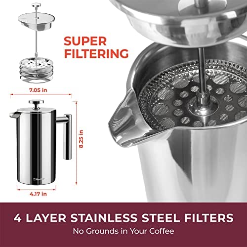 Photo 4 of Mueller French Press Double Insulated 304 Stainless Steel Coffee Maker 4 Level Filtration System, No Coffee Grounds, Rust-Free, Dishwasher Safe
