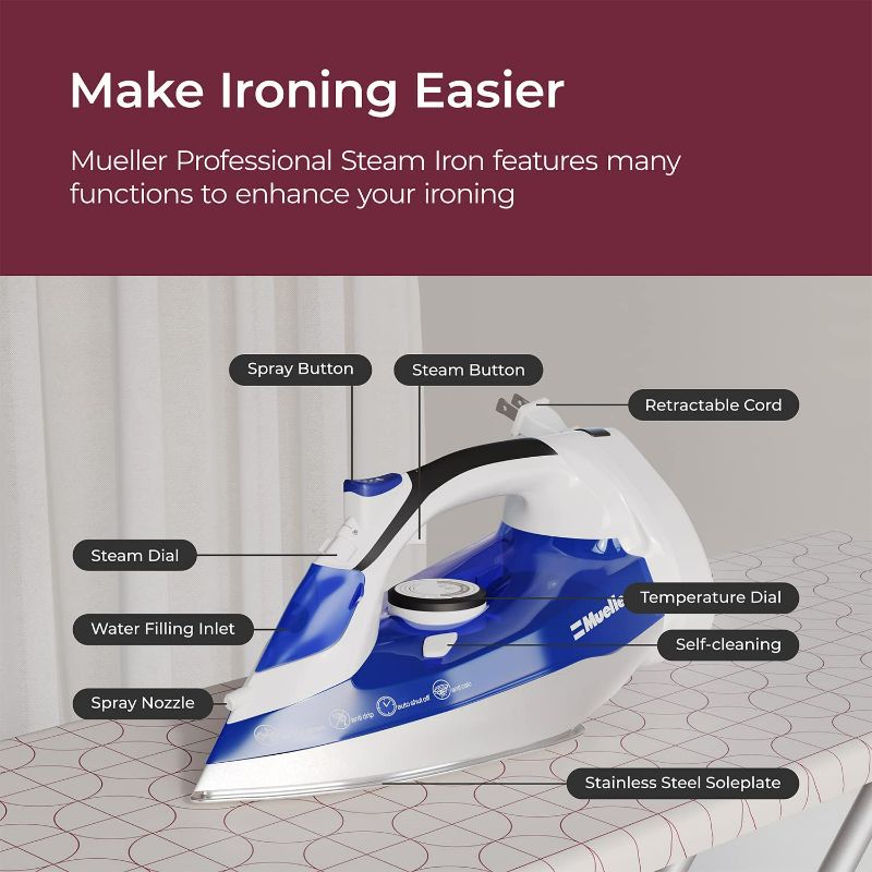 Photo 3 of Mueller Professional Grade Steam Iron, Retractable Cord for Easy Storage, Shot of Steam/Vertical Shot, 8 Ft Cord, 3 Way Auto Shut Off, Self Clean
