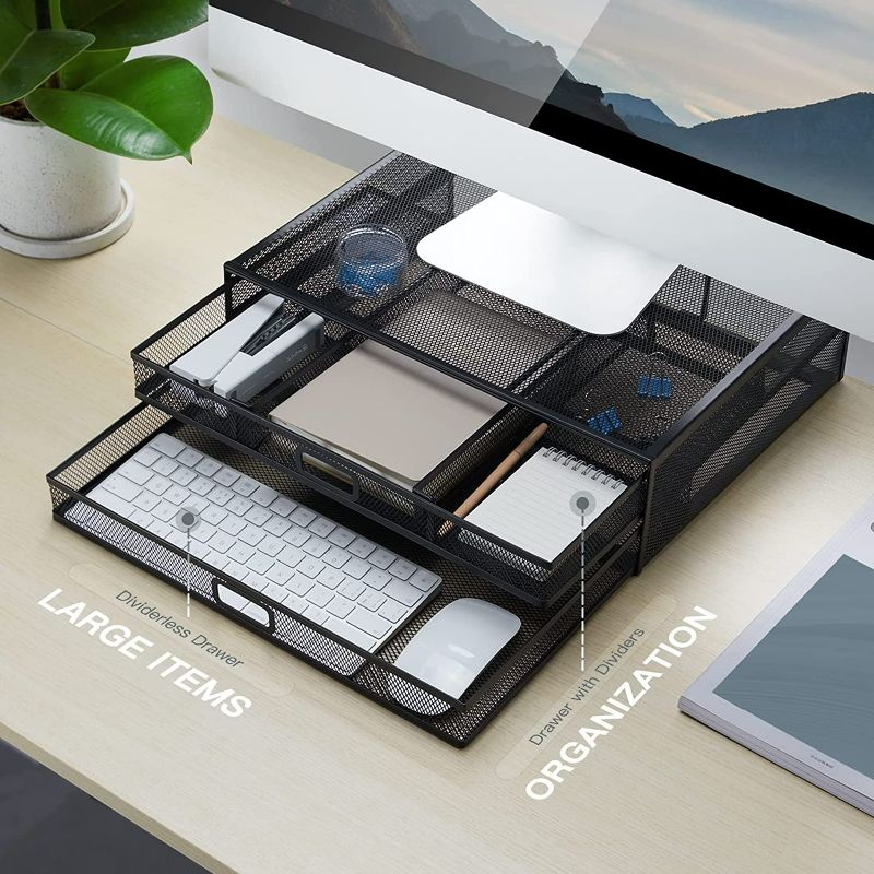 Photo 3 of Monitor Stand with Drawer, Monitor Stand, Monitor Riser Mesh Metal, Desk Organizer, Monitor Stand with Storage, Desktop Computer Stand for PC, Laptop, Printer - HUANUO
